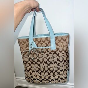 🩵 Coach Brown Signature Tote with Light Blue Trim